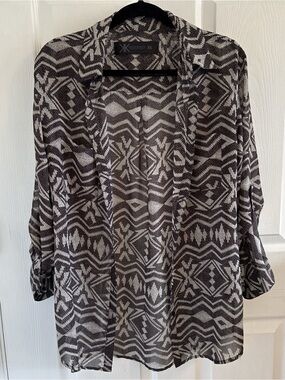 Kardashian Kollection Sheer Geometric Print Button Down Shirt XS Gray Black Mesh